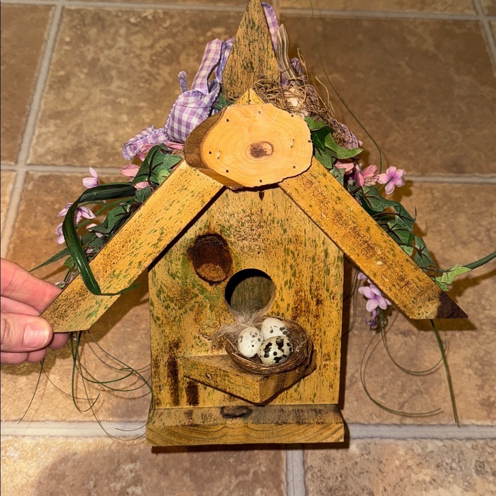 [SALE]Rustic Wooden Birdhouse with Floral Accents Approx. 13” Tall